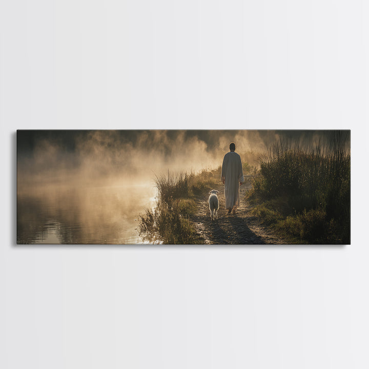 Morning Shore Peace | Framed Canvas Print | Christian Wall Art | Panoramic Print | Jesus Art Canvas | Christmas Art | Christian Art Gift