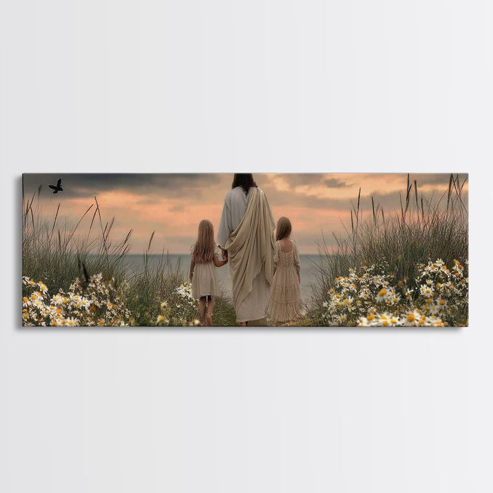 Daisies Of Peace | Framed Canvas Print | Panoramic Frame | Christian Art Canvas | Jesus Painting | Christian Wall Art | Christian Art Print
