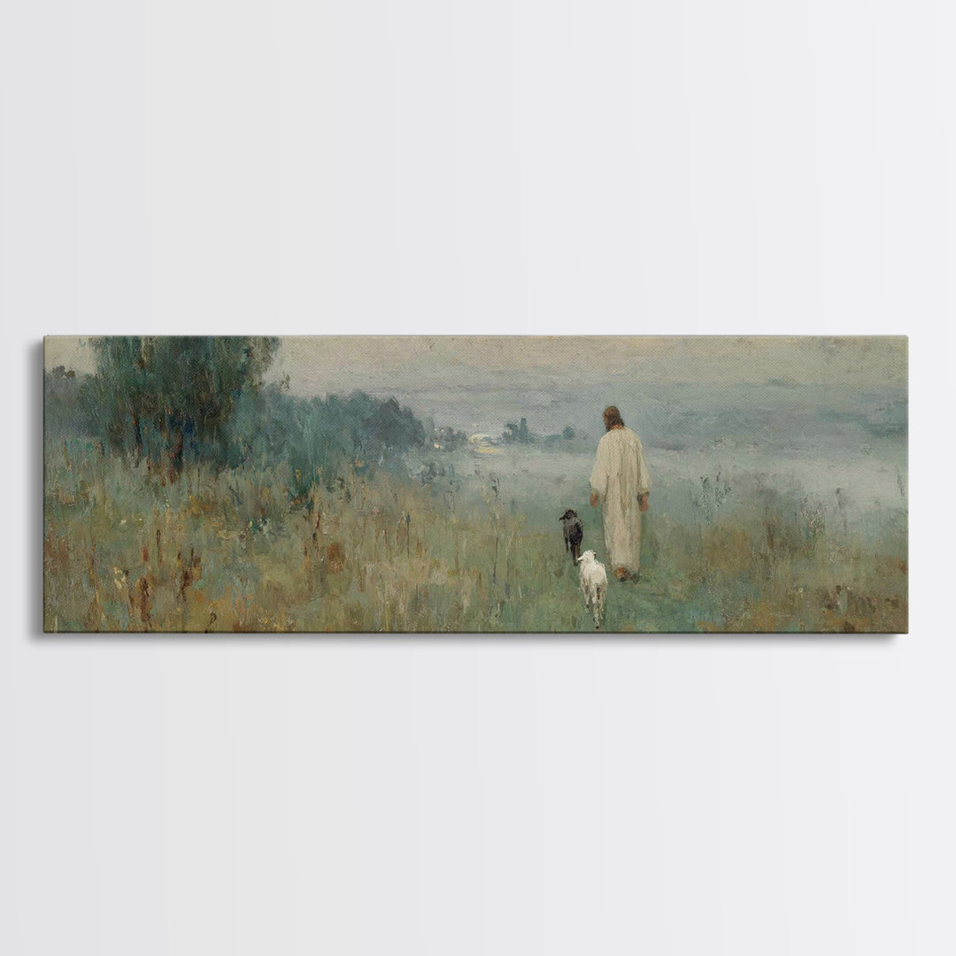 The Meadow Shepherd – Framed Canvas Print – Panoramic Art – Christian Wall Art – Jesus Painting – Christian Art Canvas – Christmas Art