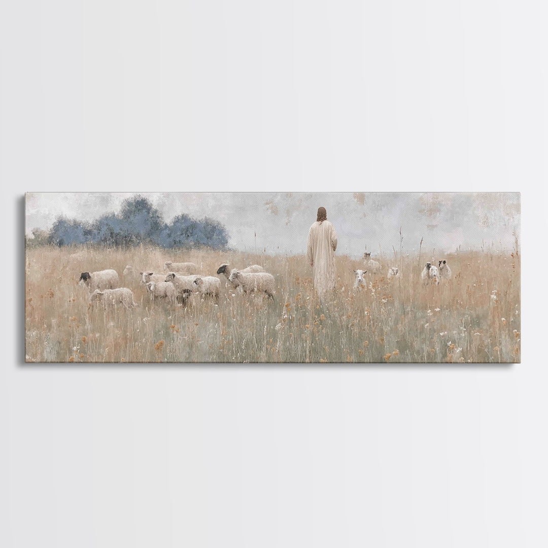 Shepherd’s Gathering, Framed Canvas Print, Panoramic Print, Christian Art Canvas, Jesus Painting, Christmas Art Prints, Large Christian Art