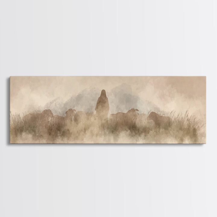Lambkeeper’s Light – Framed Canvas Print – Panoramic Wall Art – Christian Art Painting – Jesus Canvas Art – Christian Christmas Art – Chris