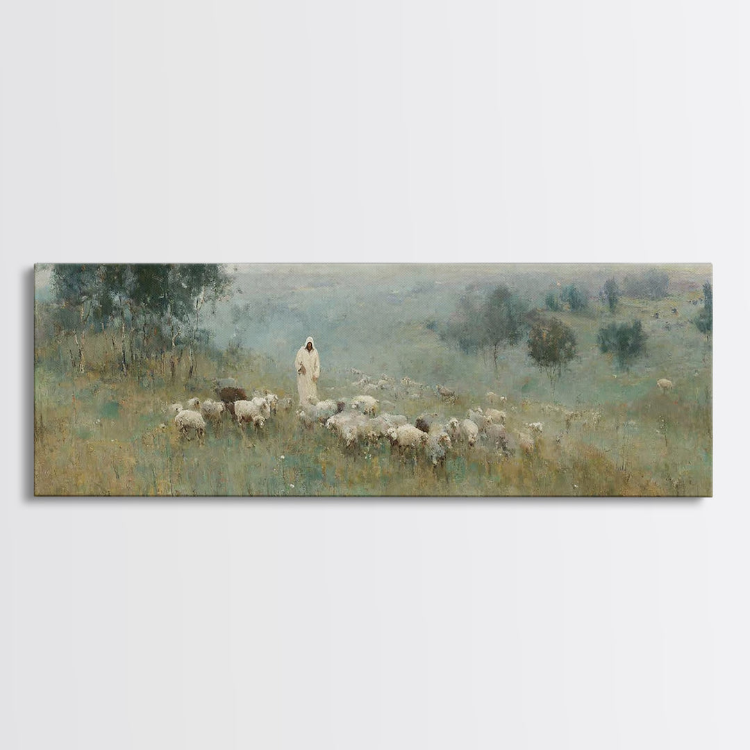 Pasture Of Grace | Framed Canvas Print | Panoramic Frame | Christian Art Canvas | Jesus Painting | Christian Christmas Art | Modern Christi
