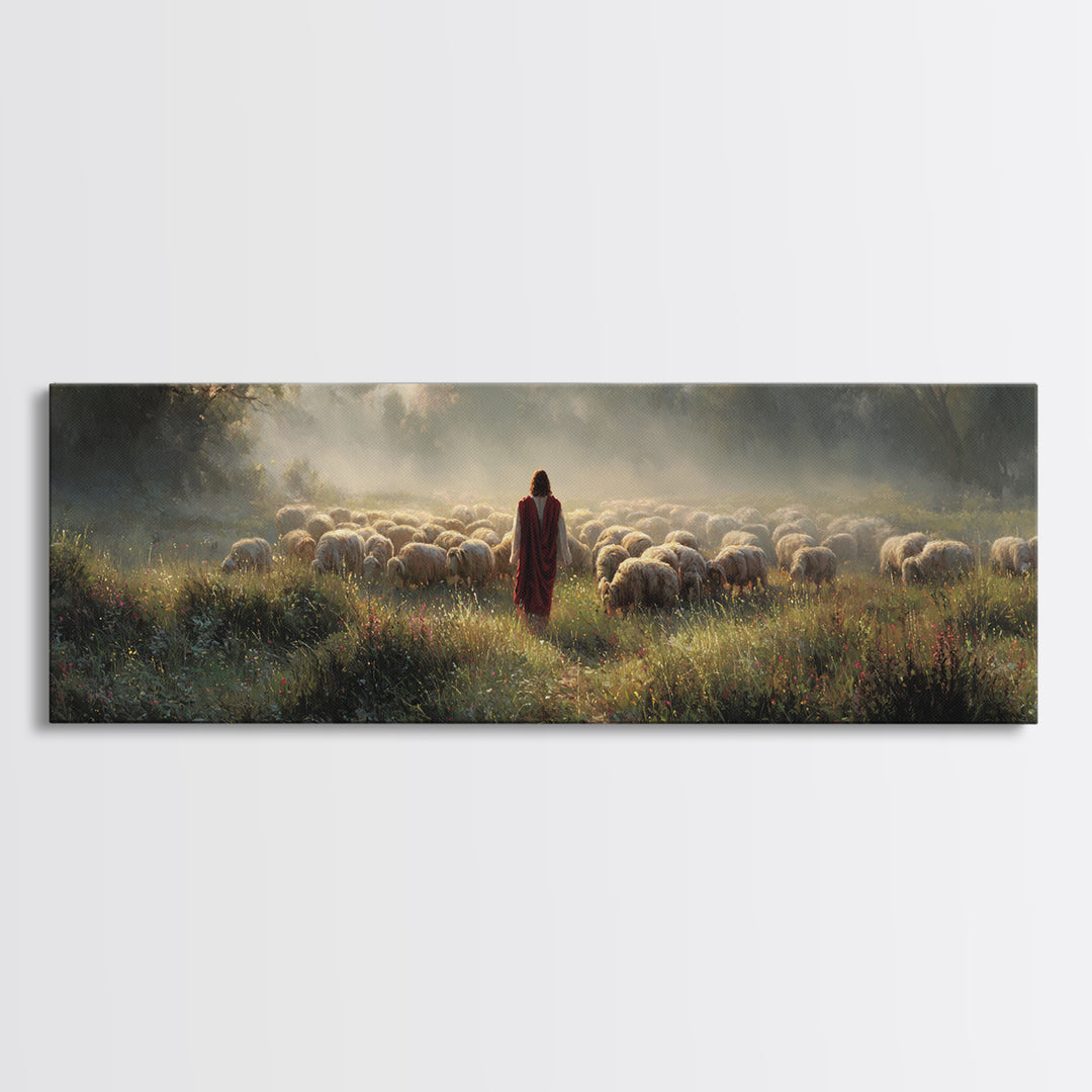 Morning Shepherd Light, Framed Canvas Print, Panoramic Wall Art, Christian Art Print, Large Jesus Painting, Christian Canvas Art, Subtle Ch