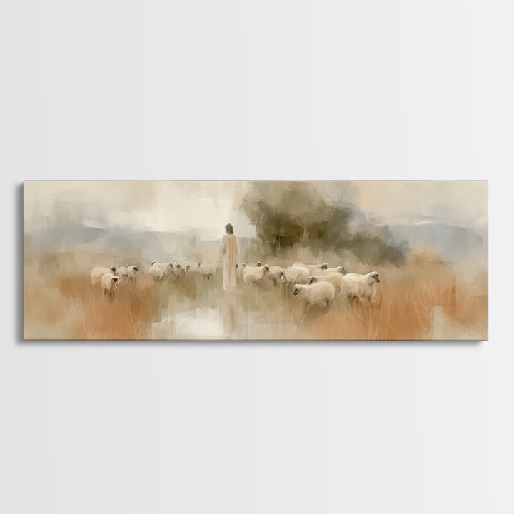 Eternal Shepherd Calm, Framed Canvas Print, Panoramic Print, Christian Art Print, Jesus Painting Canvas, Christian Christmas Art, Large Chr