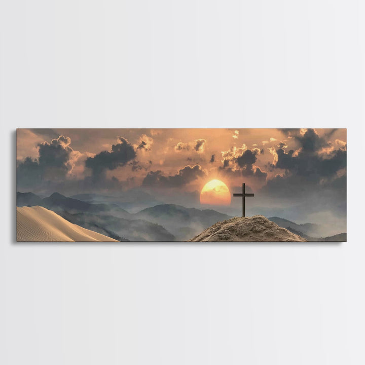 Desert Cross Dawn, Framed Canvas Print, Panoramic Wall Art, Christian Art Canvas, Christian Art Print, Modern Christian Art, Christian Deco