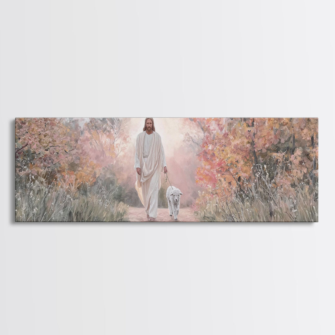 Autumn Shepherd Walk – Framed Canvas Print – Christian Art Canvas – Panoramic Wall Art – Jesus Painting – Christian Wall Art