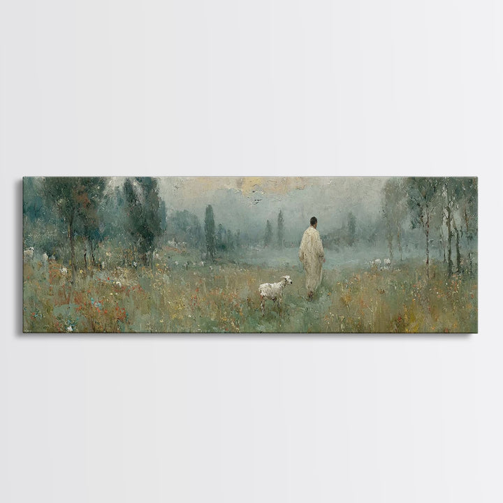 Misty Pasture Calm, Framed Canvas Print, Panoramic Art, Christian Wall Art, Jesus Painting, Christian Art Canvas