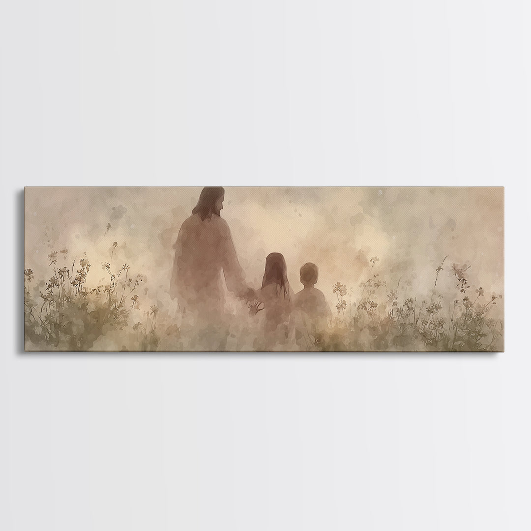 Heaven’s Meadow Walk | Framed Canvas Print | Christian Art Canvas | Panoramic Wall Art | Jesus Painting | Christian Wall Art