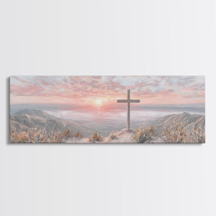 Sunrise At Calvary – Framed Canvas Print – Panoramic Painting – Christian Art Canvas – Christian Wall Art – Christian Gift Ideas – Modern C