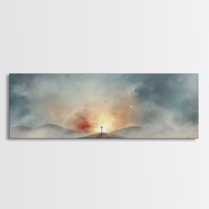 Risen Light Promise, Framed Canvas Print, Panoramic Art, Christian Wall Art, Christian Art Canvas, Blue Christian Art, Christian Art Work,