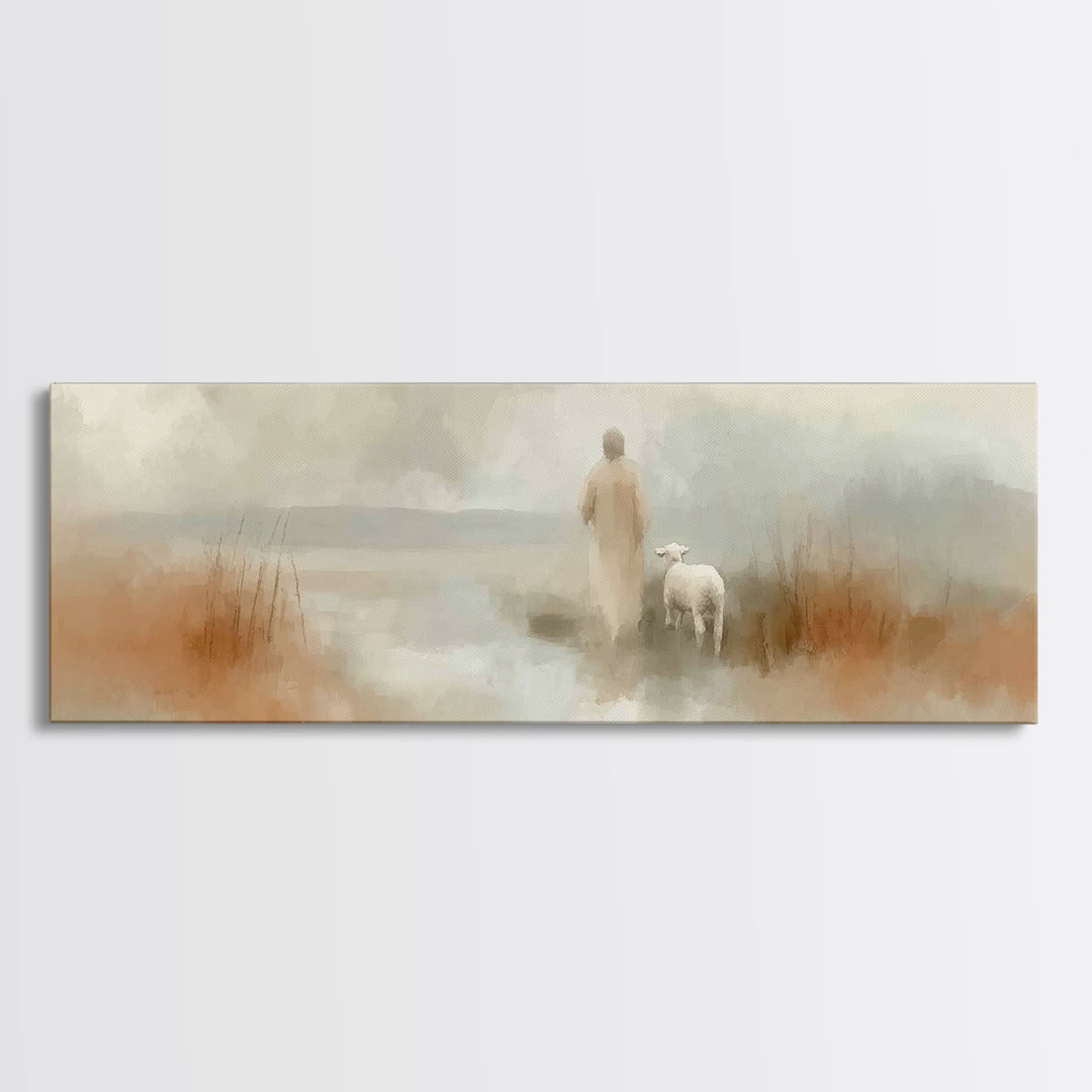 Quiet Waters Grace, Framed Canvas Print, Panoramic Frame, Christian Art Canvas, Jesus Painting, Christian Wall Art, Christian Christmas Art