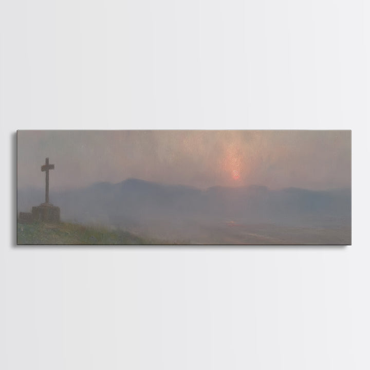 Cross Of Stillness | Framed Canvas Print | Panoramic Wall Art | Christian Art Print | Christian Painting | Moody Christian Art | Christian