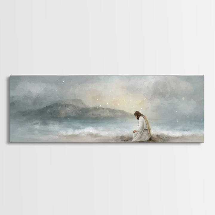 Shoreline Reverence - Framed Canvas Print - Christian Wall Art - Jesus Painting - Panoramic Art - Christian Art Canvas - Christmas Art