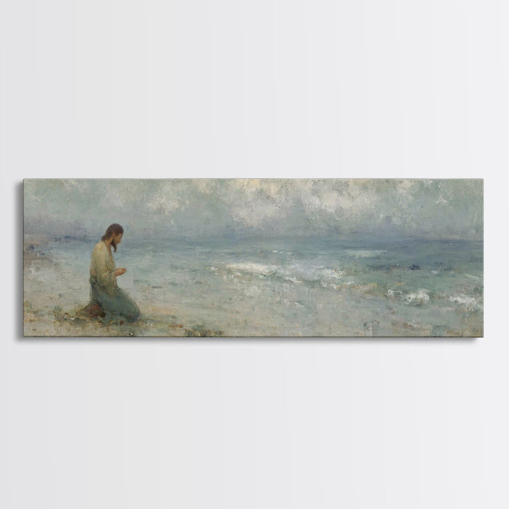 Gentle Shore Grace - Framed Canvas Print - Panoramic Frame - Christian Art Canvas - Jesus Painting - Christian Wall Art - Christmas Art