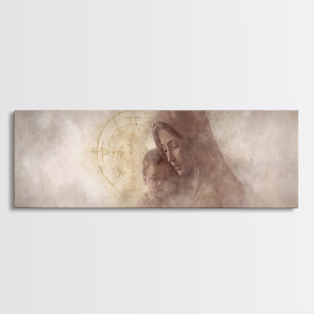 Motherly Devotion, Framed Canvas Print, Christian Wall Art, Panoramic Painting, Mary And Jesus Painting, Christian Art Canvas, Christmas Ar