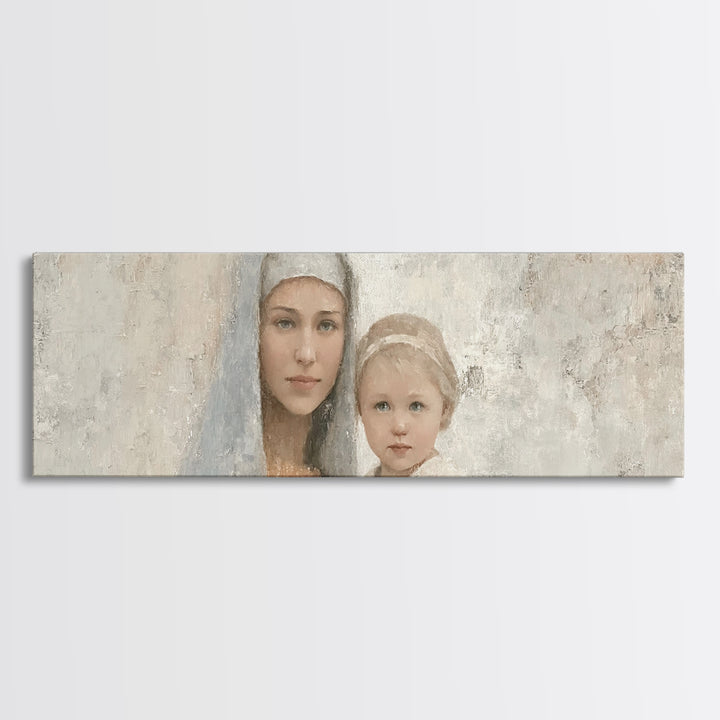 Sacred Tenderness - Framed Canvas Print - Panoramic Wall Art - Mary And Jesus Painting - Christian Art Canvas - Christian Wall Art - Christ