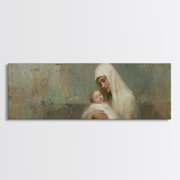 Silent Mercy Embrace - Framed Canvas Print - Panoramic Painting - Christian Wall Art - Mary And Jesus Painting - Christian Art Canvas - Chr