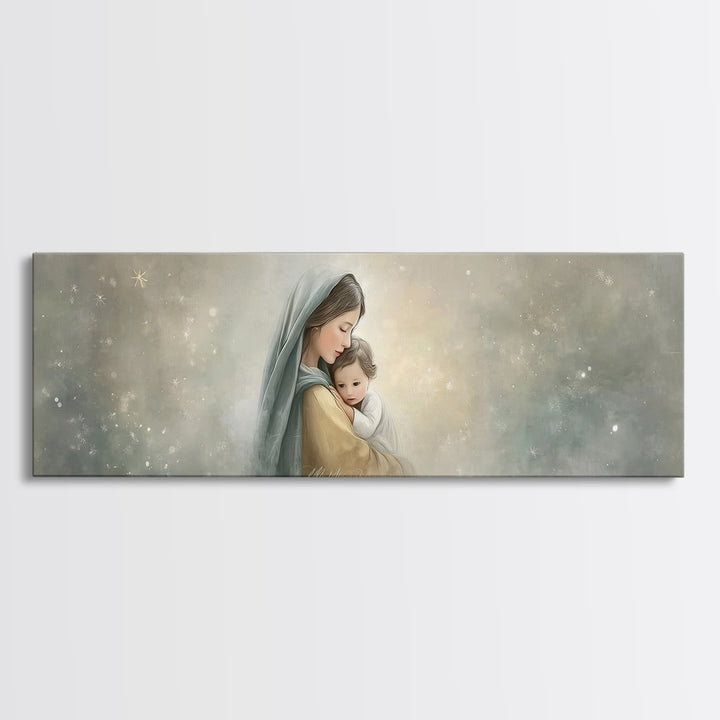Starborn Grace Light, Framed Canvas Print, Panoramic Art, Christian Wall Art, Mary And Jesus Painting, Christian Art Canvas, Christmas Art