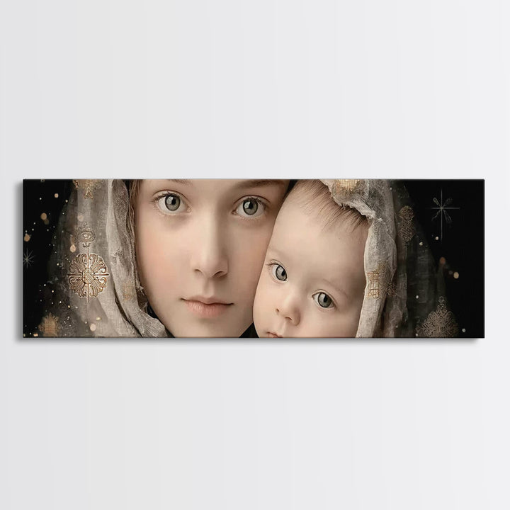 Gentle Heaven’s Hold - Framed Canvas Print - Panoramic Frame - Christian Art Canvas - Mary And Jesus Painting - Christian Wall Art - Christ