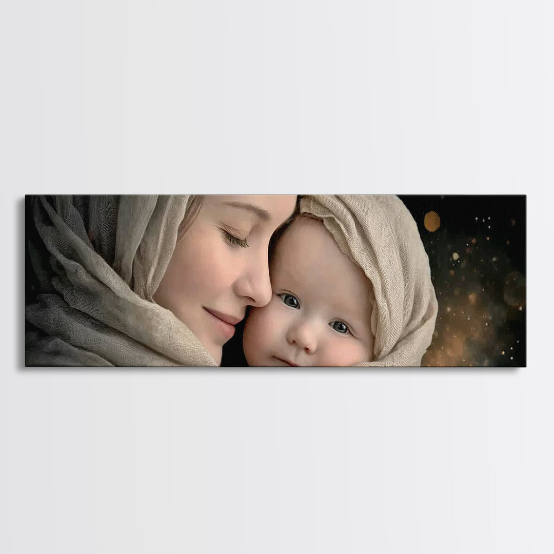 Timeless Sacred Gaze | Framed Canvas Print | Panoramic Painting | Mary And Jesus Painting | Christian Art Canvas | Christian Christmas Art