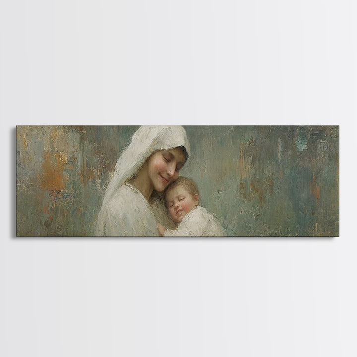 Holy Tender Joy, Framed Canvas Print, Panoramic Wall Art, Christian Art Canvas, Mary And Jesus Painting, Christmas Art, Christian Wall Art