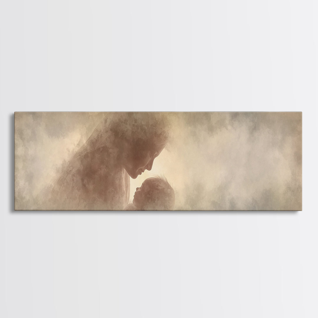 Celestial Motherhood Glow | Framed Canvas Print | Panoramic Art | Christian Art Canvas | Mary And Jesus Painting | Christian Wall Art | Chr