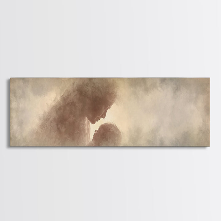Celestial Motherhood Glow | Framed Canvas Print | Panoramic Art | Christian Art Canvas | Mary And Jesus Painting | Christian Wall Art | Chr