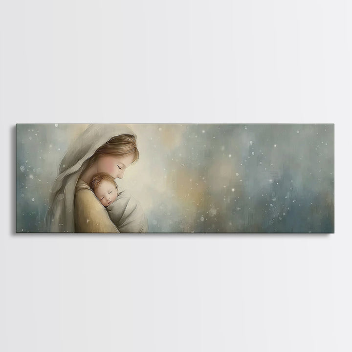 Blessed Winter Warmth, Framed Canvas Print, Panoramic Painting, Christian Art Canvas, Mary And Jesus Painting, Christian Wall Art, Christma