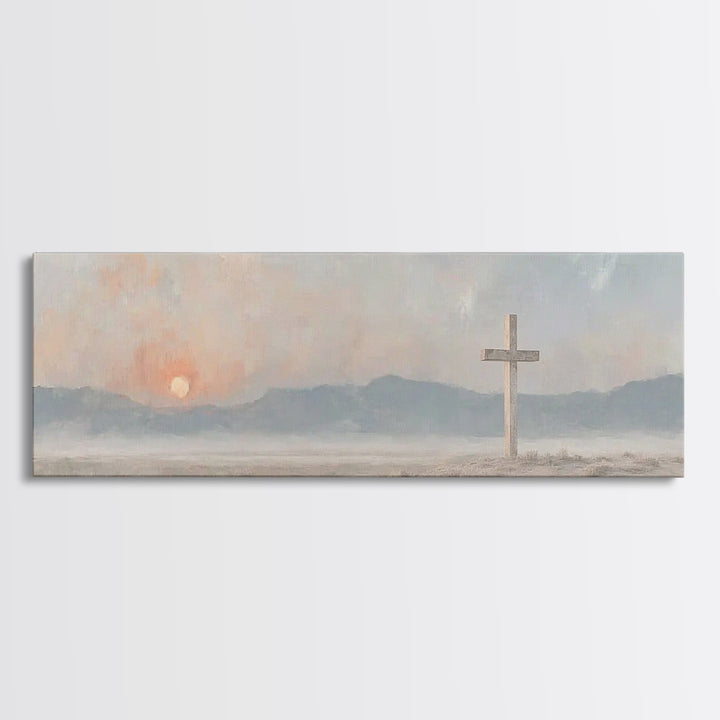 Quiet Cross Morning, Framed Canvas Print, Panoramic Painting, Christian Wall Art, Christian Art Canvas, Modern Christian Art, Christian Dec