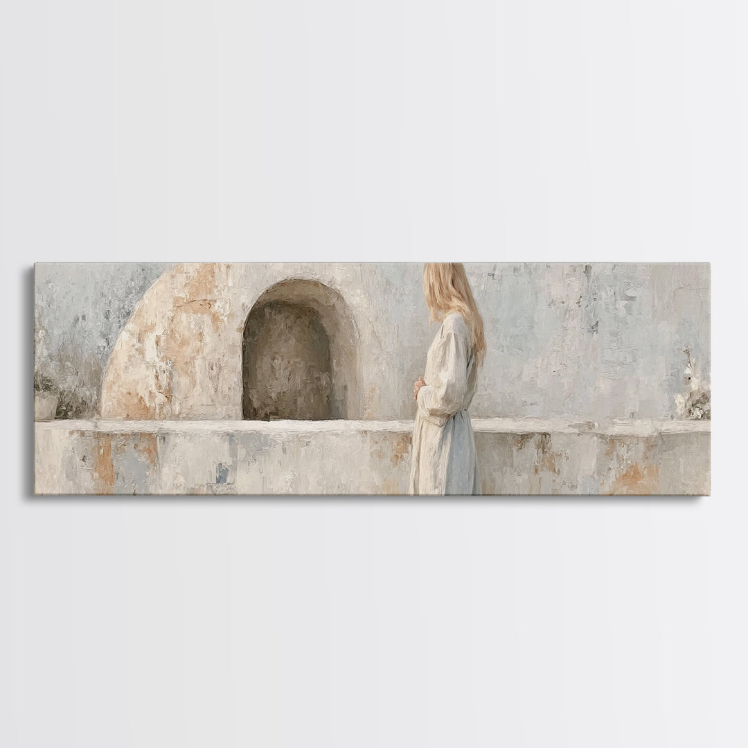 Quiet Tomb Vigil – Framed Canvas Print – Panoramic Painting – Christian Art Canvas – Christian Wall Art – Subtle Christian Art – Jesus Chri