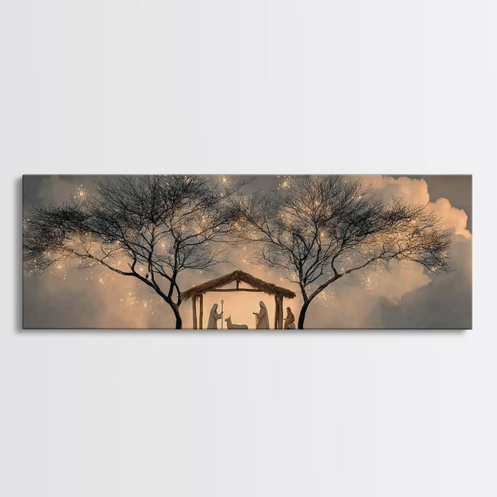Evening Nativity Glow – Framed Canvas Print – Extra Wide Art – Christian Art – Christian Art Canvas – Christmas Wall Art – Jesus Christmas