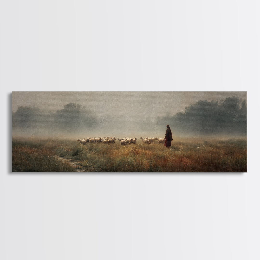 Misty Shepherd Field | Framed Canvas Print | Panoramic Painting | Christian Art Print | Christian Wall Art | Jesus Painting | Subtle Christ