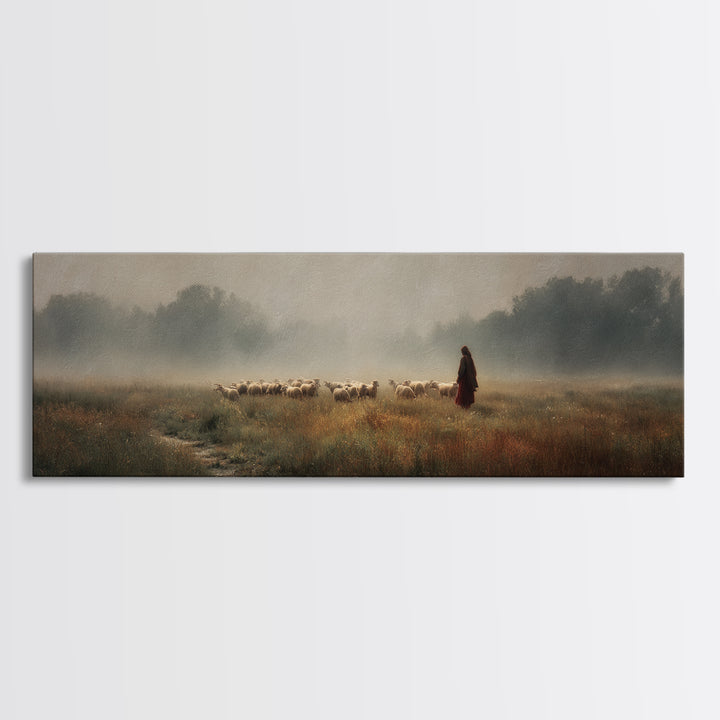 Misty Shepherd Field | Framed Canvas Print | Panoramic Painting | Christian Art Print | Christian Wall Art | Jesus Painting | Subtle Christ