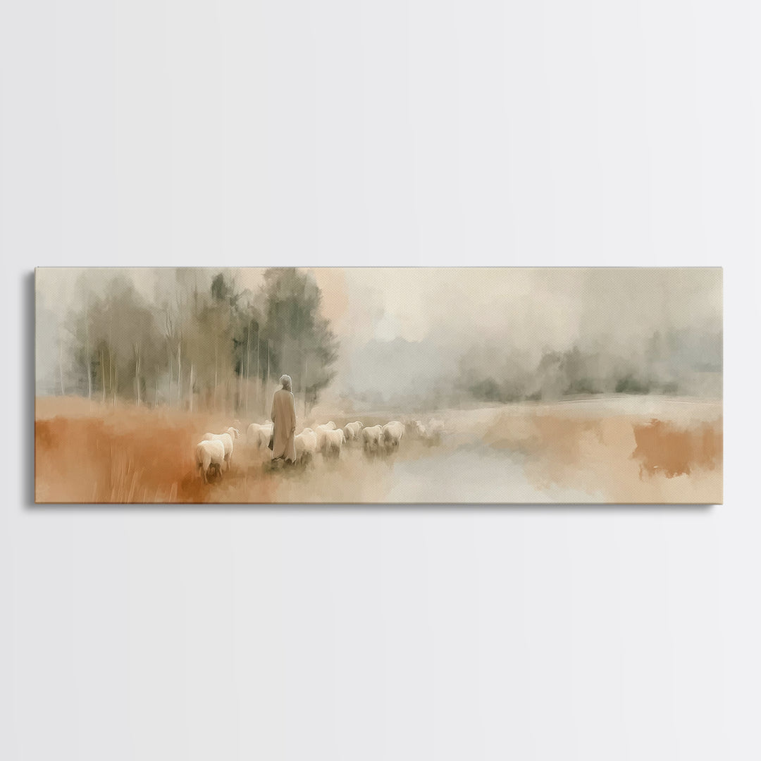 Gentle Pasture Walk, Framed Canvas Print, Panoramic Wall Art, Christian Art Canvas, Christian Art, Modern Christian Art, Jesus Painting, Ch