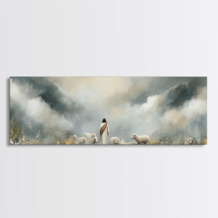 Hillside Shepherd Peace – Framed Canvas Print – Panoramic Frame – Christian Art – Christian Art Prints – Jesus Painting – Christian Wall Ar