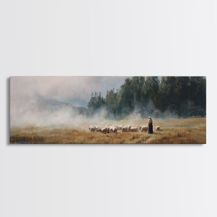 Morning Pasture Stillness | Framed Canvas Print | Panoramic Print | Christian Wall Art | Christian Art Canvas | Jesus Painting | Christian