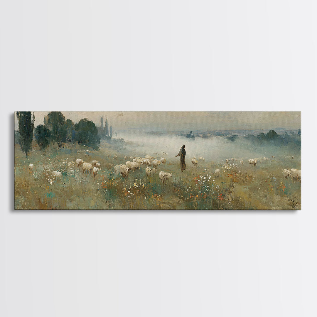Wildflower Shepherd Path, Framed Canvas Print, Panoramic Art, Christian Wall Art, Jesus Painting, Christian Art Canvas, Vintage Christian A