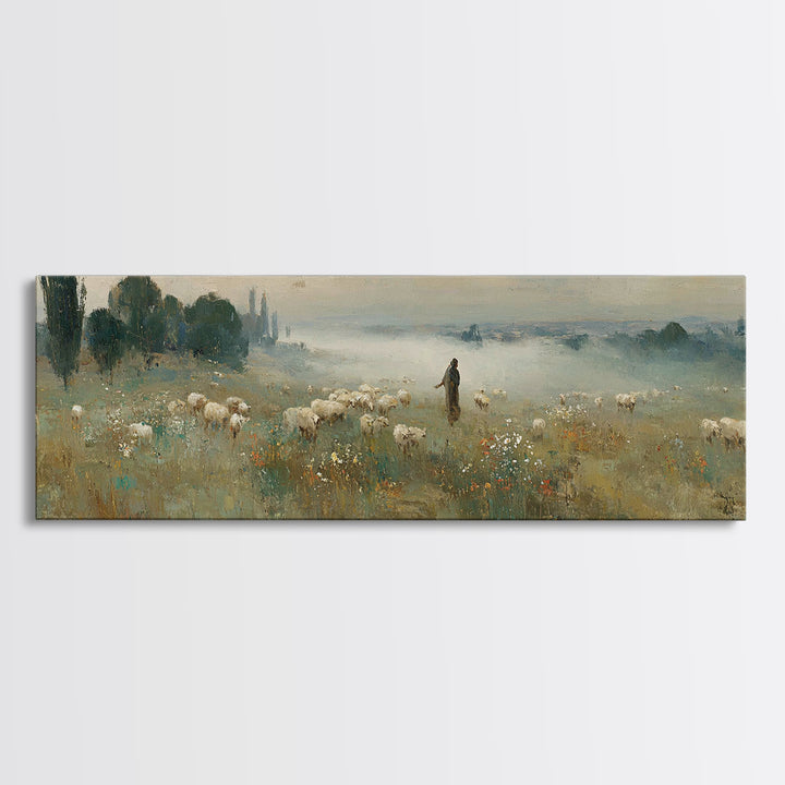 Wildflower Shepherd Path, Framed Canvas Print, Panoramic Art, Christian Wall Art, Jesus Painting, Christian Art Canvas, Vintage Christian A