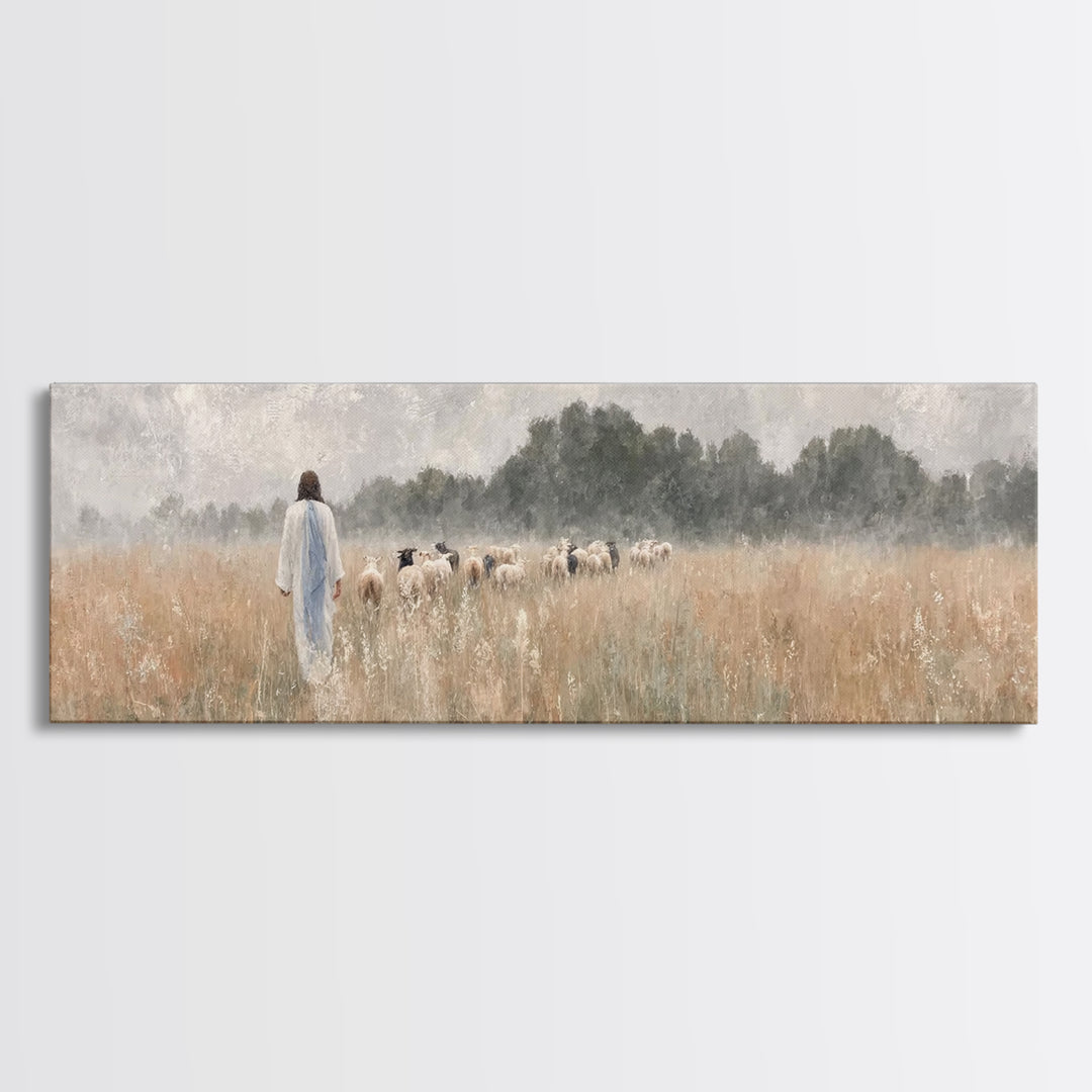 Golden Field Shepherd | Framed Canvas Print | Panoramic Wall Art | Christian Art | Jesus Painting | Christian Art Canvas | Modern Christian