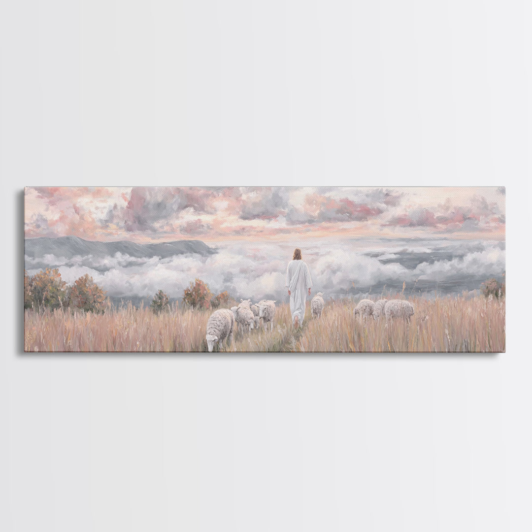 Heavenward Pasture Light, Framed Canvas Print, Panoramic Painting, Christian Art, Jesus Painting, Christian Art Canvas, Christian Wall Art,