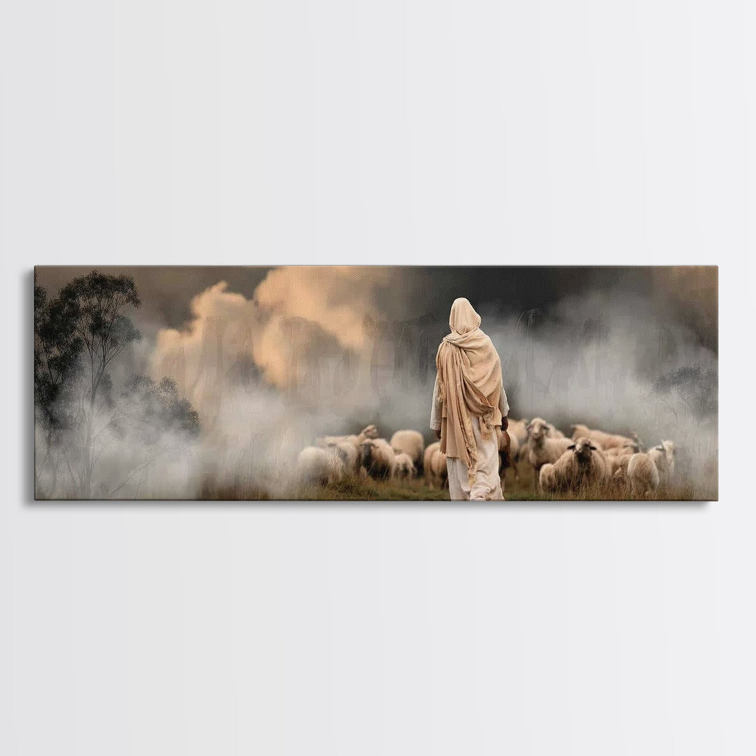 Twilight Shepherd Journey – Framed Canvas Print – Panoramic Art – Christian Art Canvas – Jesus Painting – Christian Wall Art – Moody Christ