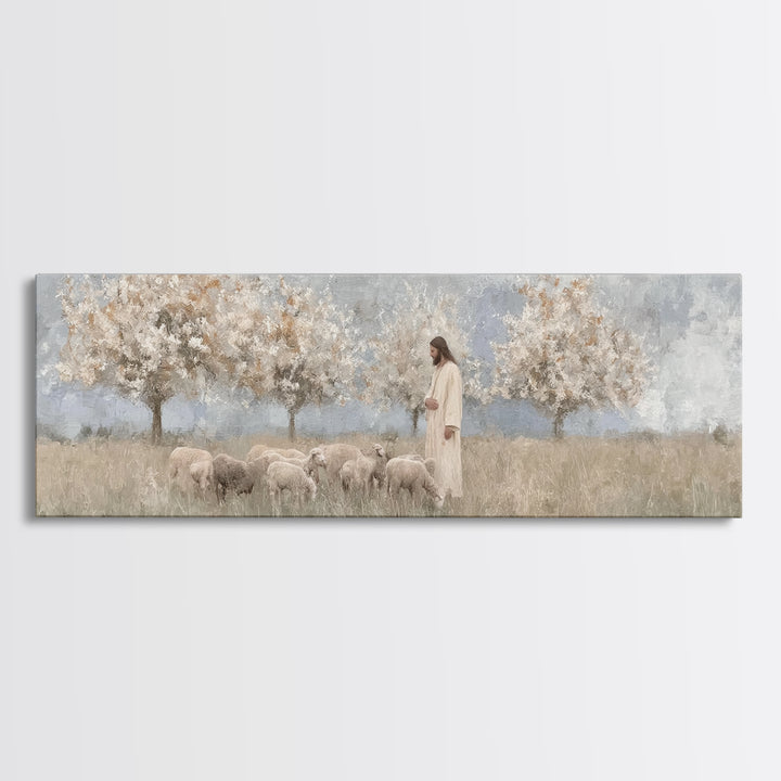 The Gentle Shepherd, Framed Canvas Print, Christian Art, Jesus Painting, Panoramic Wall Art, Christian Art Canvas, Christmas Art
