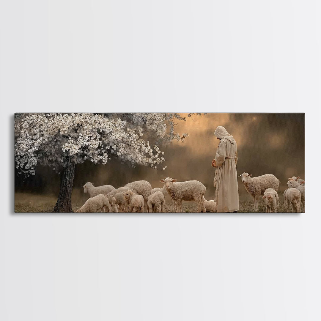Springtime Shepherd, Framed Canvas Print, Christian Wall Art, Jesus Painting, Panoramic Painting, Christian Art Canvas, Christian Christmas