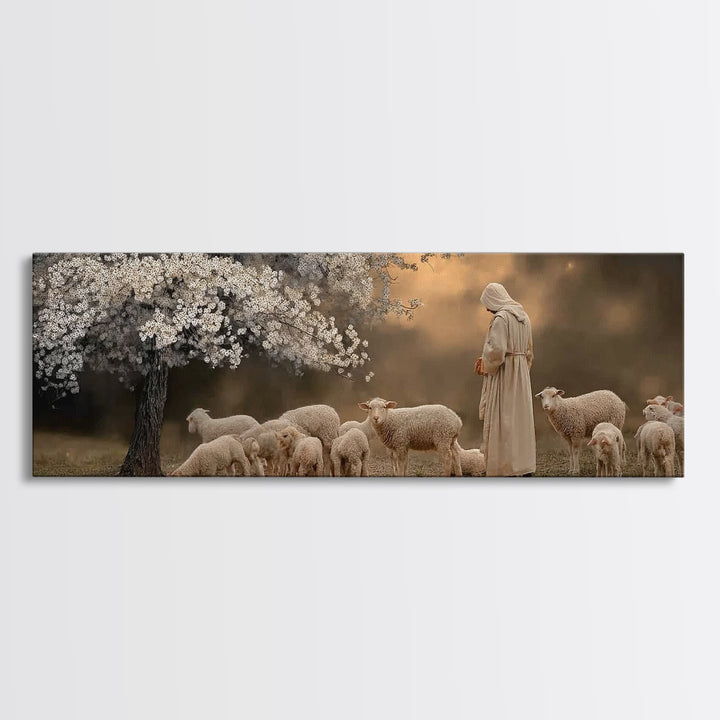 Springtime Shepherd, Framed Canvas Print, Christian Wall Art, Jesus Painting, Panoramic Painting, Christian Art Canvas, Christian Christmas