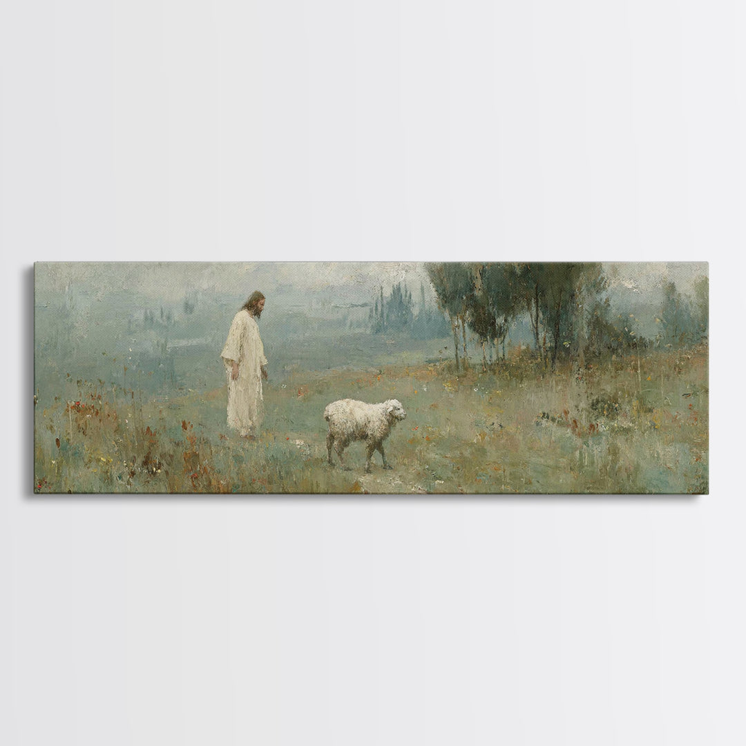 Verdant Grace Field, Framed Canvas Print, Panoramic Art, Christian Wall Art, Christian Art Canvas, Jesus Painting, Christmas Art
