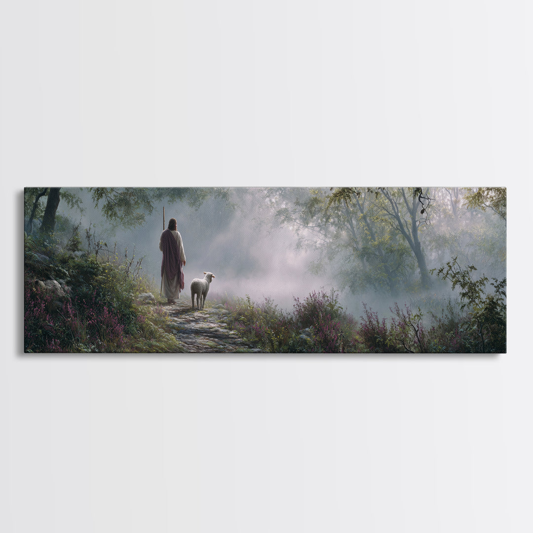 Forest Dawn Path, Framed Canvas Print, Panoramic Painting, Christian Wall Art, Jesus Painting, Christian Art Canvas, Christian Christmas Ar