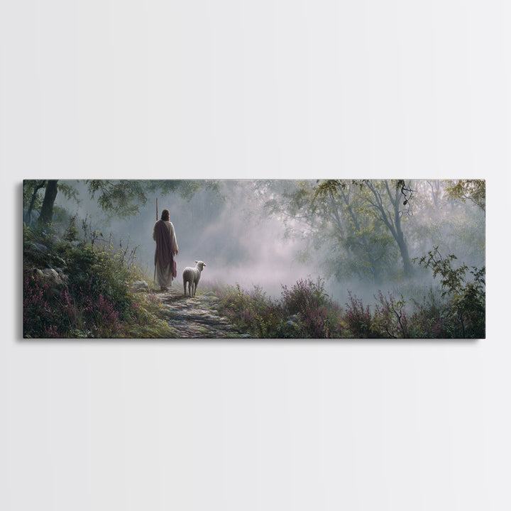 Forest Dawn Path, Framed Canvas Print, Panoramic Painting, Christian Wall Art, Jesus Painting, Christian Art Canvas, Christian Christmas Ar