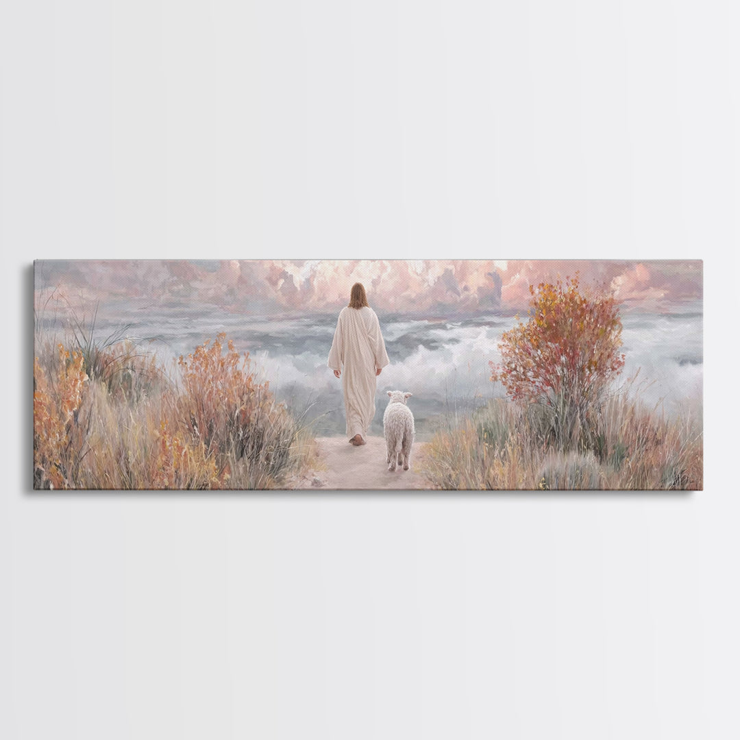 Golden Horizon Walk | Framed Canvas Print | Panoramic Frame | Christian Wall Art | Jesus Painting | Christian Art Canvas | Christmas Art