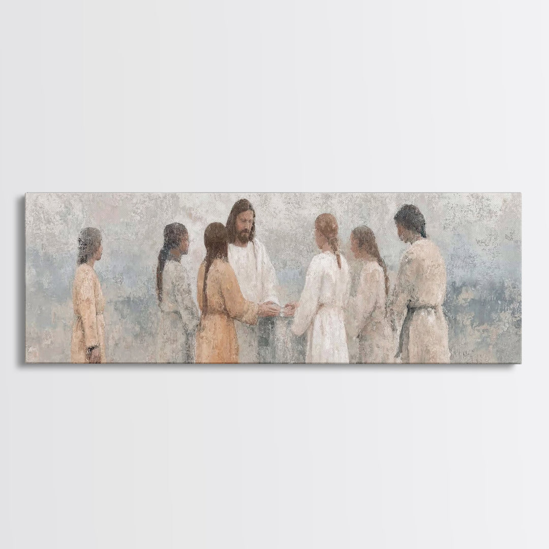Temple Hearth Gathering, Framed Canvas Print, Christian Art, Christian Art Canvas, Jesus Painting, Panoramic Art, Christian Christmas Art