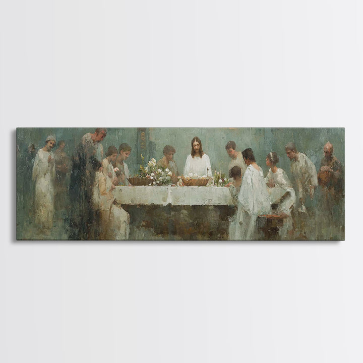 Sacred Table Gathering | Framed Canvas Print | Christian Wall Art | Panoramic Art | Christian Art Canvas | Jesus Painting | Christian Chris